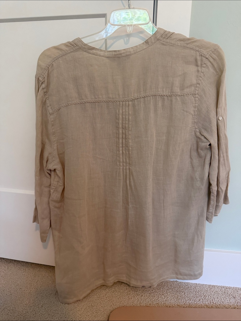 3 Tommy Bahama Linen Button Down Blouses with Ruffle Detail Aqua Coral and Tan - Picture 4 of 15